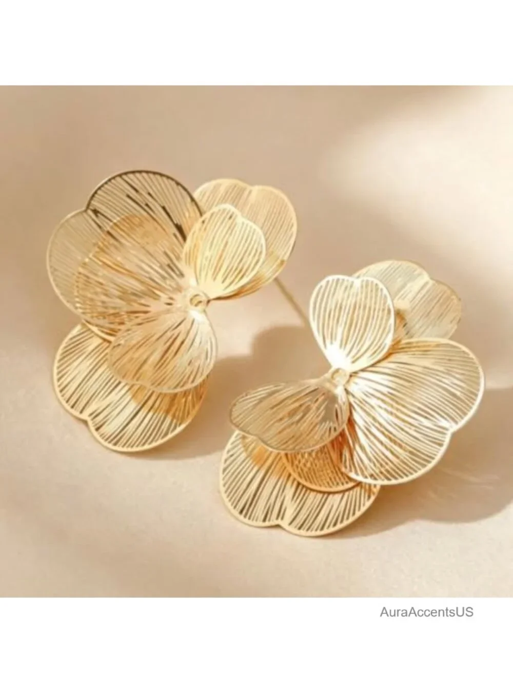 Oversized Gold Plated Stainless Steel Flower Drop Earrings Statement Floral